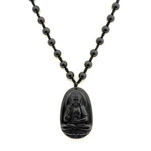 Black Obsidian Buddha Pendant Necklace w/Knot & Bead Chain Adjustable - NWT
